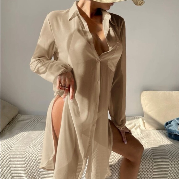 Shirt kimono bikini cover-up button collar slit side khaki top beach summer - Picture 3 of 5
